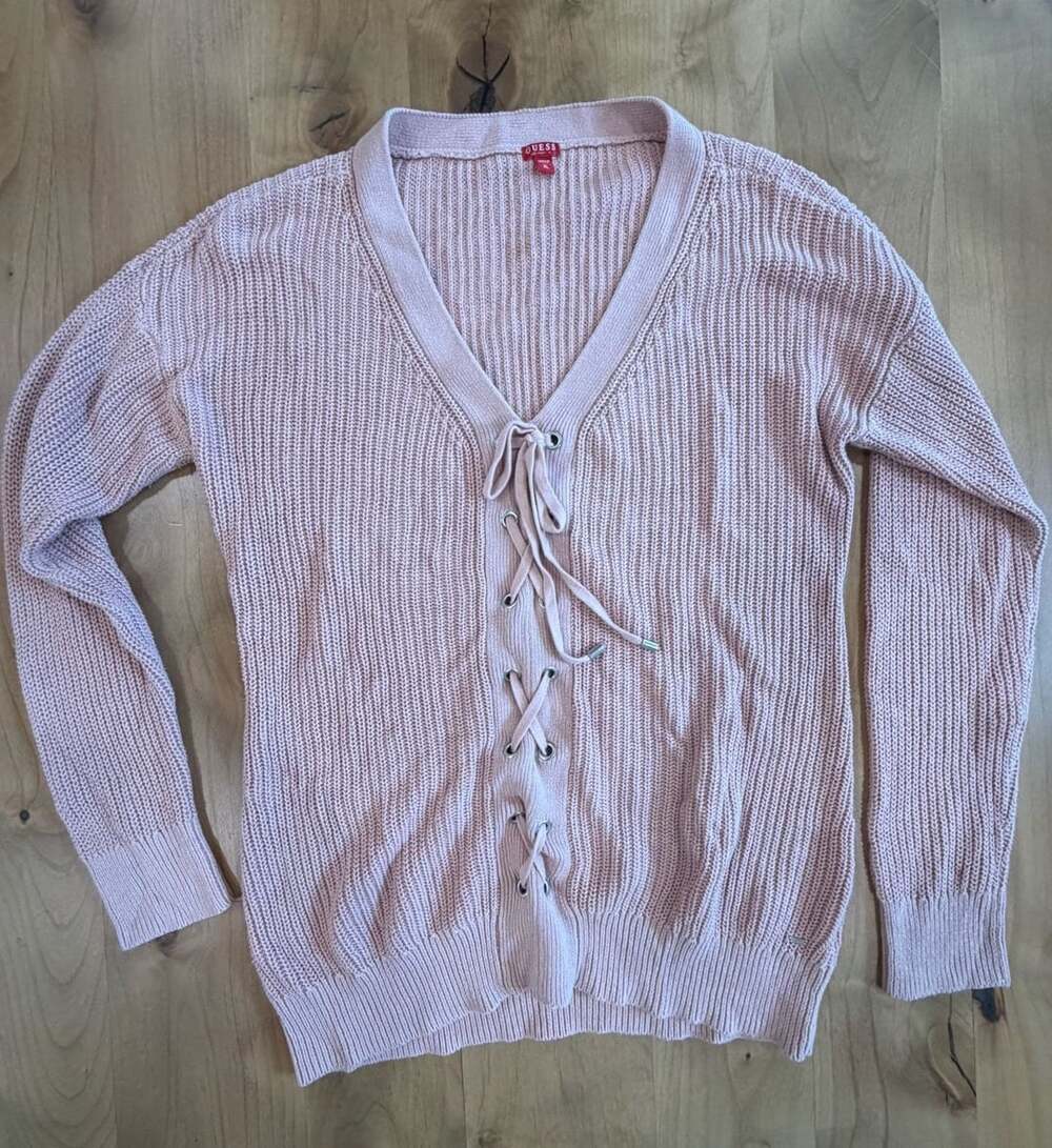 Guess Ribbed Lace-Up V-Neck Sweater Size XL Pink Long Sleeve